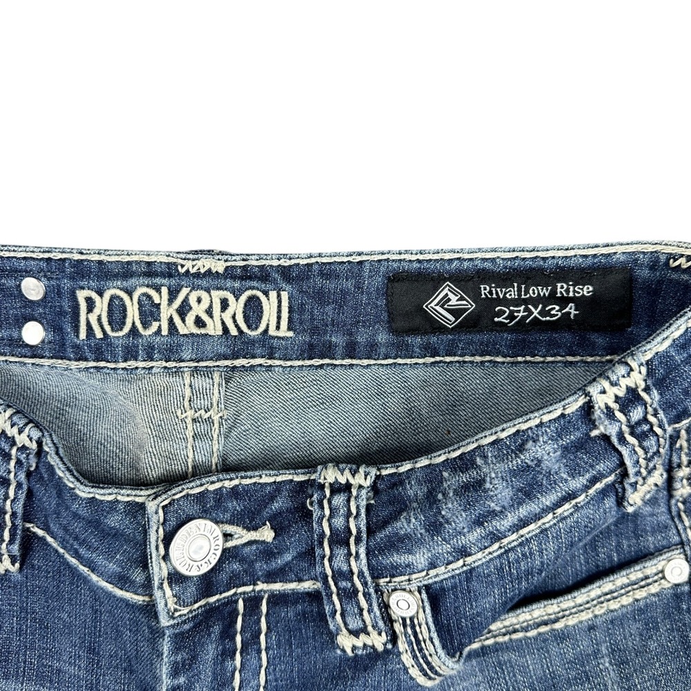 Rock Roll Cowgirl Rival Low Rise Bootcut Western Riding Jeans Medium Wash 27x34